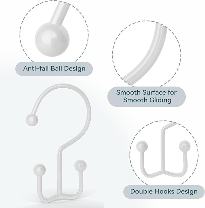 Goowin 24 Pcs Shower Curtain Hooks Rings, Durable Shower Curtain Rings Rust Proof, Double Glide Shower Rings for Curtain, Simple Shower Hooks for Shower Curtain & Liner, White
