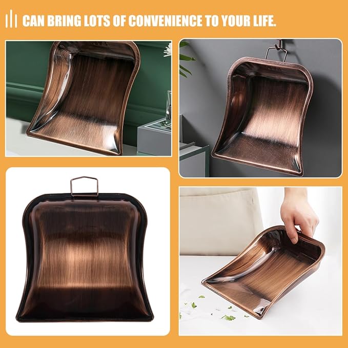 VICASKY Small Handheld Desktop Dustpan in Antique Copper Color, Stainless Steel Reusable Cleaning Shovel with Hook for Home and Office Use