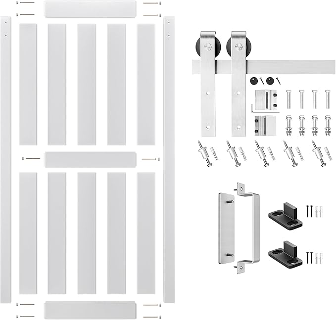 36''x84'' Sliding Barn Door with 6.6 Ft Brushed Nickel Hardware Kit& Handle& Floor Guides,Pre-Drilled Holes Easy Assembly - Include Installation Manual, Water-Proof PVC Surface, H-Frame