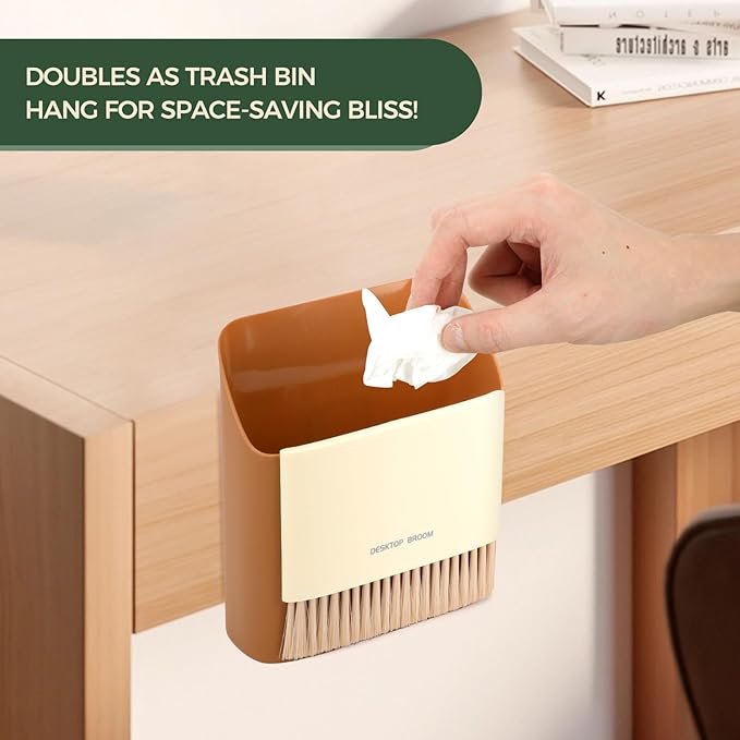 Small Broom and Dustpan Set, Portable Hand Whisk Broom Brush, Mini Hanging Trash Can, Soft Bristle Household Brooms with Dust Pan Combo Set for Cleaning Home, Desktops - 2 Pack (Green+Orange)