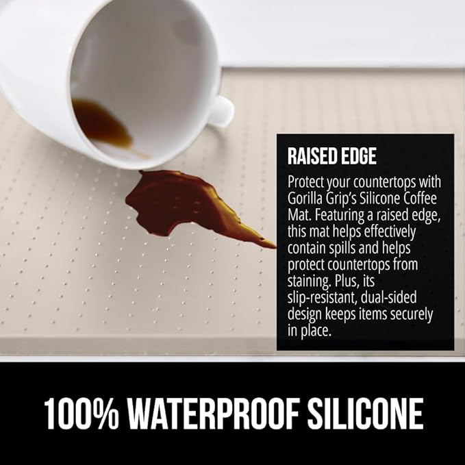 GORILLA GRIP Silicone Coffee Mat, 18x28, Espresso Machine Bar Accessories, Keep Kitchen Counters Clean, Stays in Place, Waterproof and Heat Resistant Dish Drying Mats, Home Decor Essentials, Almond