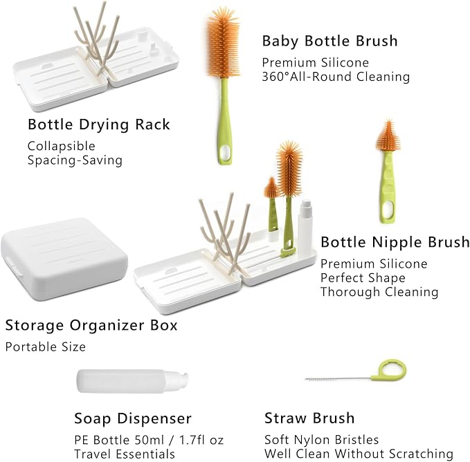 Portable Baby Bottle Brush Kit Premium Silicone Bottle Cleaner Brush, Nipple Brush, Straw Brush, Soap Dispenser, Bottle Drying Rack, and a Storage Organizer Case for Both Home and Travel Uses (White)
