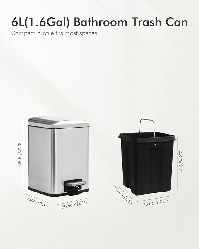Bathroom Trash Can with Lid, 6 Liter / 1.6 Gallon Small Trash Can with Removable Liner Bucket, Soft Close lid & Step Pedal, Silver Stainless Steel Garbage Can for Bedroom, Office, Dorm