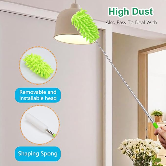 4 Pack Multi-Head Duster Kit, 13" to 30" Extendable Pole, Microfiber & Chenille Heads, Blue, Green, Orange, Multicolor, Washable, Bendable, For Furniture & Wall