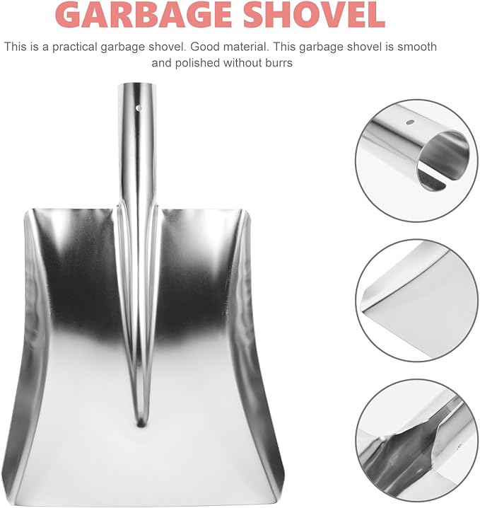 Metal Snow Shovel and Garbage Dustpan for Outdoor Cleaning Stainless Steel Square Head Snow Pusher for Driveway and Yard Heavy-Duty Metal Dust Shovel for and Debris Removal