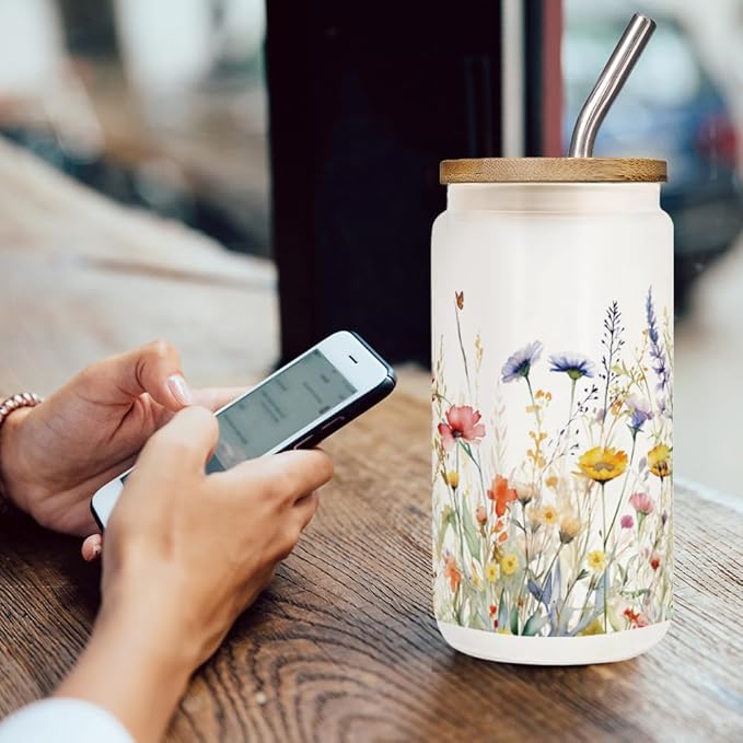 Floral Iced Glass Cups with Bamboo Lids and Straws 16oz Wildflower Bible Coffee Cup Gift for Women Butterfly Flower Drinking Glass with Cleaning Brushes, Flower Gifts for Mother Bridesmaid Party