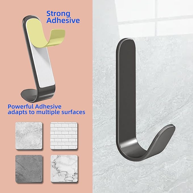 4 Pcs Adhesive Towel Hooks for Shower, Bathroom, Kitchen, Robe, Towel, Coat，Shower Hooks，Wall Hook Stick On Bathroom（Steel,Dark Gray）