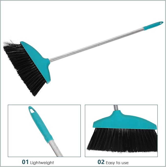 Household Soft Bristle Broom with Long Handle, Green Plastic Floor Sweeping Broom for Home and Garage Cleaning, Lightweight Indoor Outdoor Use