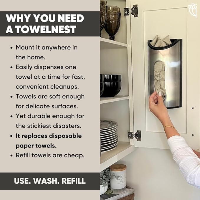 TowelNest Microfiber Cloth Dispenser | 15 Reusable Cloths (Black) | Eco-Friendly Paper Towel Alternative | Absorbent & Washable | Wall/Cabinet Mount (3M Adhesive & Screws Included)