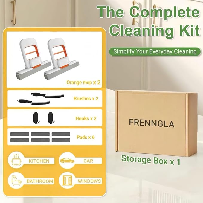 2 Pcs Mini Mop for Small Spaces, Foldable Self-Squeeze Wet and Dry Sponge Mop, Orange Portable Cleaning Small Mop for Desktop, Kitchen Counter, Bathroom Tile, Glass-with 6 Pads ,2 Brushes, and 2Hooks