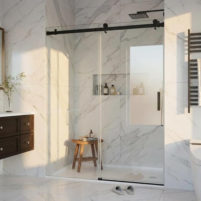 44-48" W x 76" H Sliding Shower Door, 1/4 Inch (6mm) Clear Tempered Glass, Matte Black Square Rail, Space-Saving Design for Modern Bathrooms