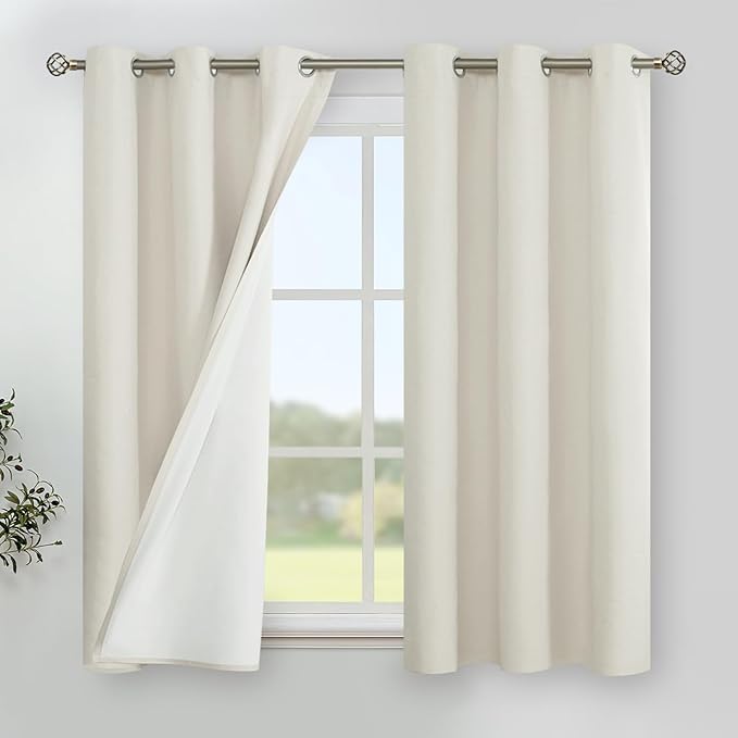 YoungsTex 48 Inch Length Linen 100% Blackout Curtains for Bedroom, Rustic Boho Thermal Insulated Drapes with Grommet Room Darkening Privacy for Living Room Window, 2 Panels, 42 X 48 Inch