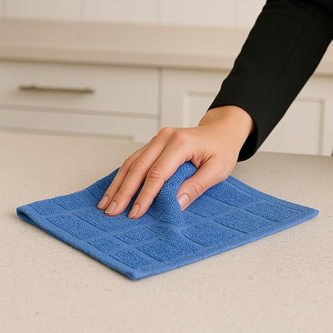 DecorRack 10 Pack 100% Cotton Kitchen Towels, 12x12 inch Soft Terry Dishcloths, Absorbent Hand Towels for Cleaning, Drying & Dishes, Plaid Pattern Cleaning Rags, Blue (Pack of 10)