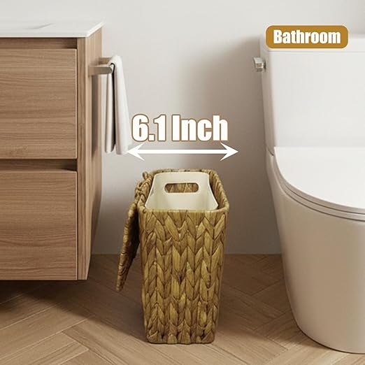 Yatmung Wicker Trash Can Small Bathroom Trash Can with Lid - Boho Waste Basket for Bedroom, Living Room, Office - Natural Water Hyacinth - Narrow Garbage Can with Removable Liner