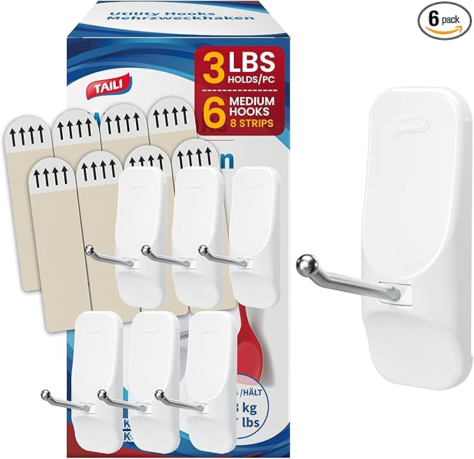 TAILI Hooks for Hanging,6 Wire Sticky Hooks and 8 Adhesive Strips, White Utility Hooks for Painted Wall, No Damage Heavy Duty Holds up to 3 lb, Removable & Reusable for Door, Dorm, Clothes, Kitchen