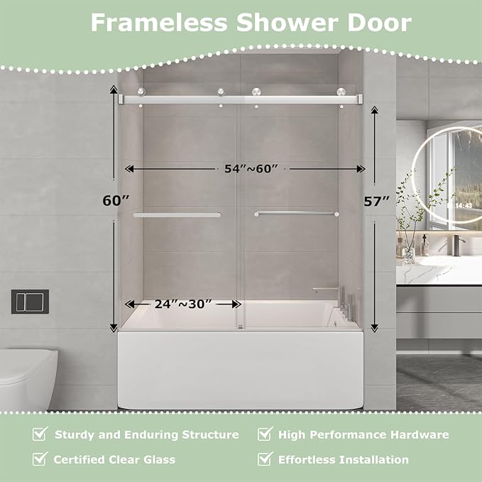 55"-60" W x 60" H Frameless Bathtub Shower Door, Double Sliding Shower Door,5/16"(8mm) Clear Tempered Glass,Easy Sliding Tub Shower Door with Explosion-Proof Film (Brushed Nickel 60" Wx60 H)