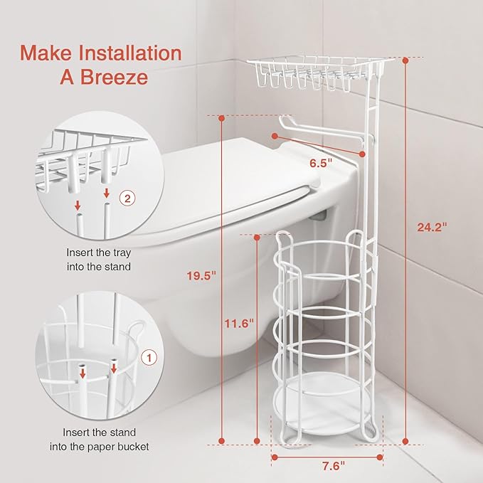 White Toilet Paper Holder Stand with Shelf, Free Standing Bathroom Tissue Holder for Large Mega Rolls, Metal Floor Toilet Paper Roll Holder with Wipes Storage and Phone Tray (White)