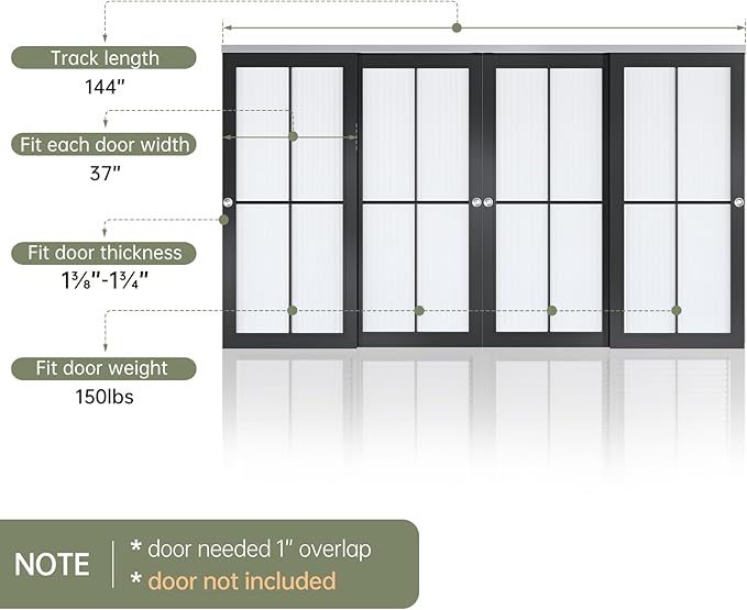 EaseLife 12FT/144in Bypass Double Sliding Pocket Door Hardware Kit,Commercial Grade,Aluminum,Bypassing Wardrobe Closet Door Track for 4 Door System,Slide Smoothly Quietly,Easy Install,No Door