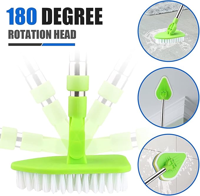 3 in 1 Scrub Cleaning Brush with Long Handle 37'', Floor Scrubber Brush Set with 1 Stiff Bristles and 3 Sponge Brush for Cleaning Bathtub Shower