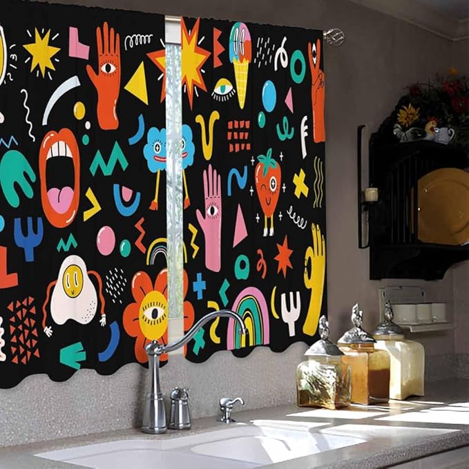 Cartoon Retro Symbol Kitchen Curtains Funny Crazy Abstract Shapes Hipster Music Modern Humor Short Tier Curtains for Bathroom Cafe Small Window Drapes Treatment 2 Panels (27.5x39 Inch)
