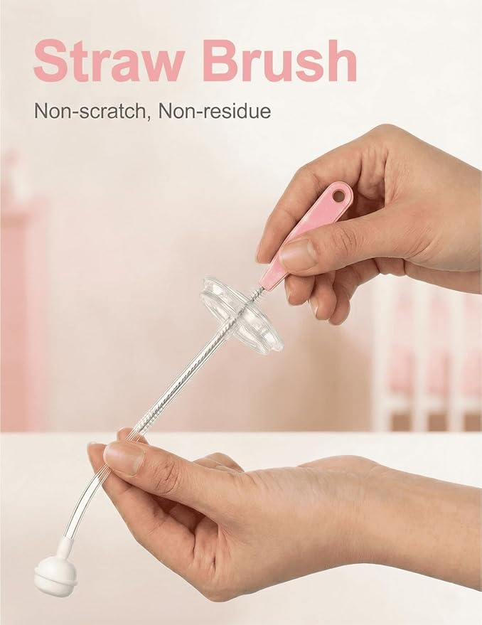 Baby Bottle Brush Set 4 in 1, Baby Bottle Cleaner, with 1P Nylon Bottle Brush, 1P Bottle Cap Brushes, 2P Straw Brushes, Bottle Brush with Nipple Cleaner and Suction Cup, BPA-Free(Pink)