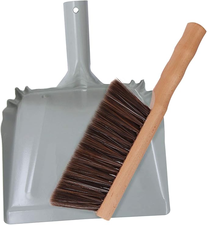 Metal Dust Pan and Brush Set Soft Bristle Wooden Broom Heavy Duty Pan Portable Size