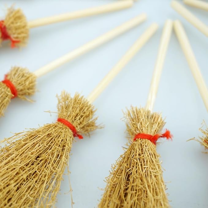 15 PCS Mini Straw Brooms Artificial Miniature Craft Witch Broom with Red Ropes for Hanging Halloween Party Decorative Accessory