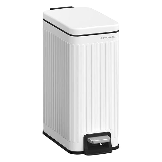 SONGMICS Bathroom Trash Can, 1.6-Gallon (6 L) Trash Bin with Lid, Slim for Small Spaces, Stainless Steel Garbage Can, Soft Close, White ULTB563W02
