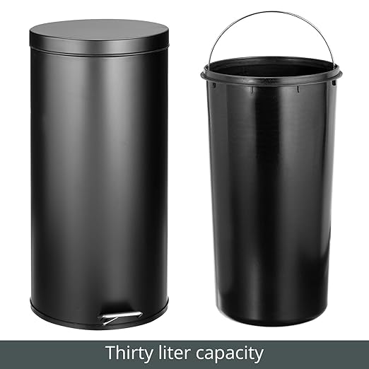 mDesign Tall 30 Liter / 7 Gallon Large Round Metal Lidded Step Trash Can, Thin Compact Garbage Bin with Removable Liner Bucket for Bathroom, Kitchen, Craft Room, Office, Garage - Black
