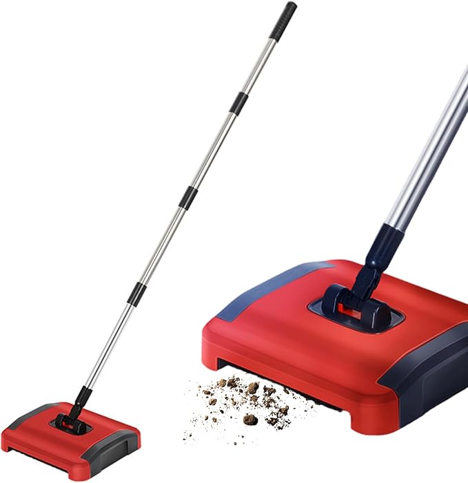 Manual 43inch Detachable Carpet Sweeper with 3 Rolling Brushes Wheels Large Waste Bin Floor Sweeper Brush for Pet Hair Dust Debris