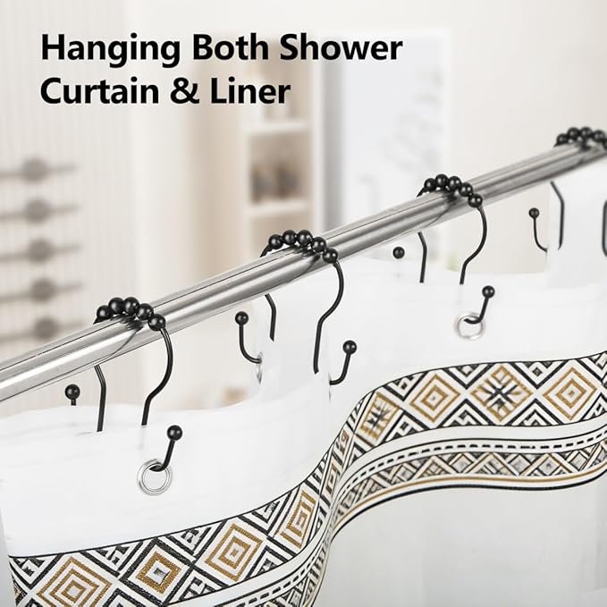Shower Curtain Hooks, Sturdy Metal Black Shower Curtain Rings, Glide Roller Double Shower Hooks, Rust Proof Anti-Drop Curtain Hooks, 12 Pcs Smooth Sliding Rings for Bathroom Shower Rods Curtains