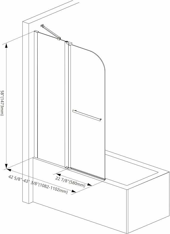 Sunrosa Pivot Tub Shower Door 43-3/8"×58", Bifold Bathtub Shower Door with Tempered Glass, Frameless Glass Shower Door with Towel Bar, Shower Door for Bathtub in Matte Black