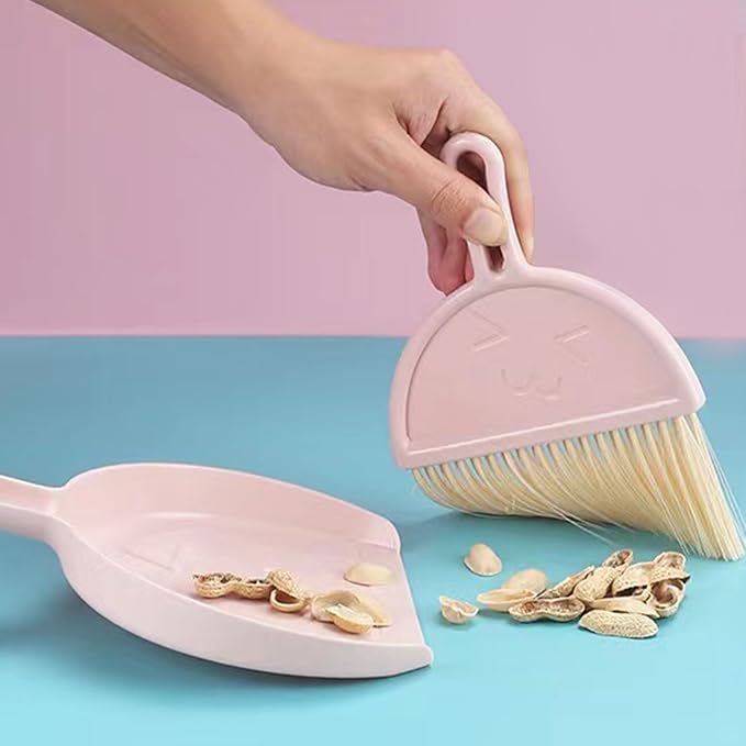 Mini Broom and Dustpan Set for Desk, Small Hanging Keyboard Cleaning Kit with Soft Rubber Dustpan Lip, Portable Desktop Cleaning Tool (Pink)