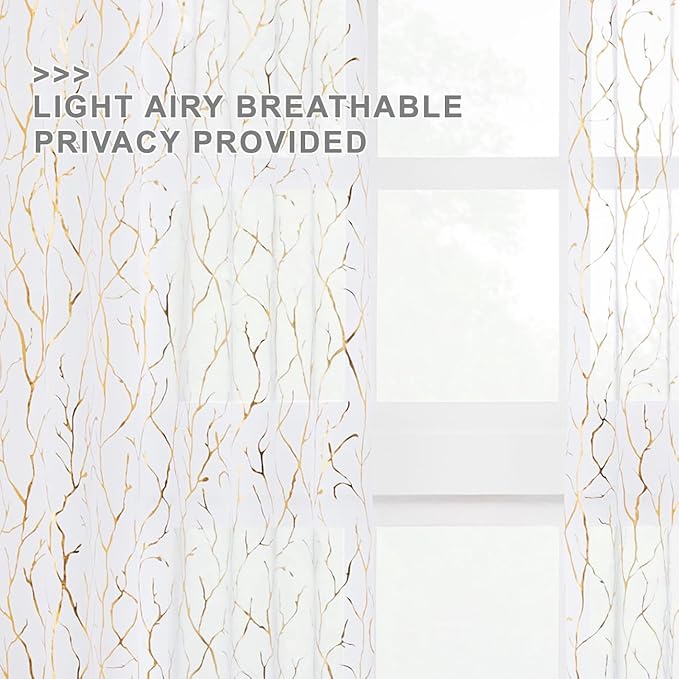 FINECITY White and Gold Sheer Curtains 45 Inch Length 2 Panels Metallic Gold Foil Branches Printed Sheer Kitchen Curtains Over Sink, Rod Pocket Privacy Short Sheer Window Curtains, 52 x 45 Inch