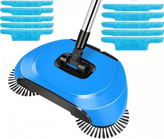 3 in 1 Carpet Sweeper, Manual Mini Hand Push Mop, 360° Rotating Floor Cleaner for Hardwood & Ceramic Tiles, Lazy Dustpan & Trash Bin, Compact Easy Cleaning Tool (Blue)