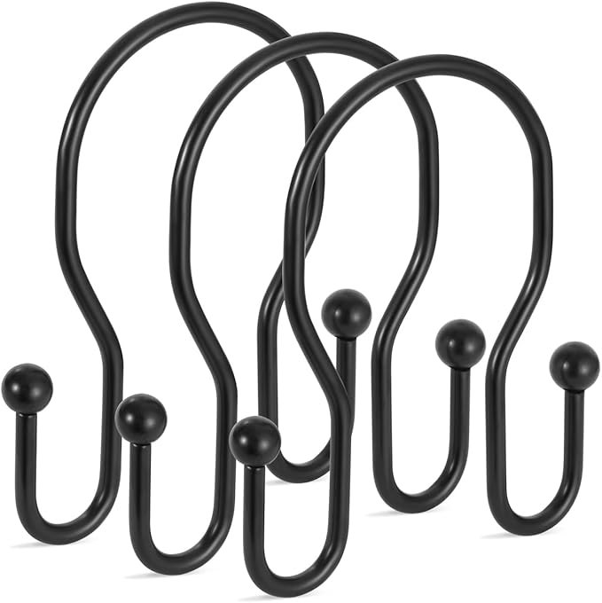 12 Pack Double Shower Curtain Hooks Rings, TENOVEL Double Sided Shower Curtain Hooks Rust Proof for Shower Curtain, Stainless Steel Bathroom Shower Hangers Rings for Shower Rods, Matte Black