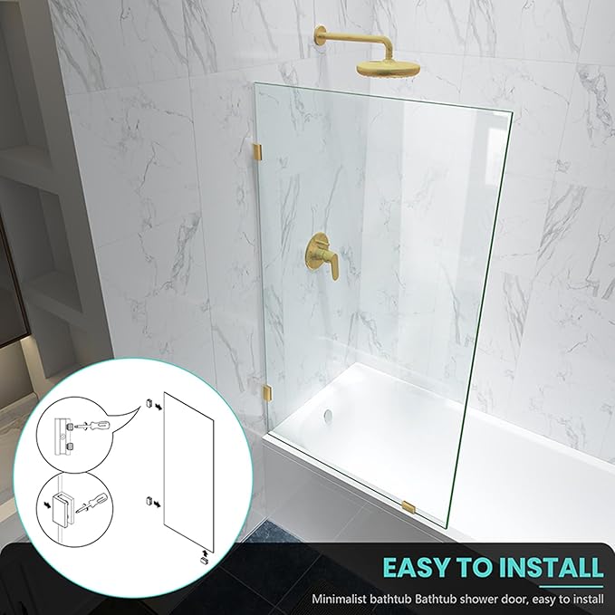 34" W x 58" H Frameless Single Fixed Bath Panel, Fixed Bathtub Screen with Clamps, 1/4" Clear Glass, Bathroom Shower Door Screen Fixed Tub Shower Glass Door Panel in Brushed Gold