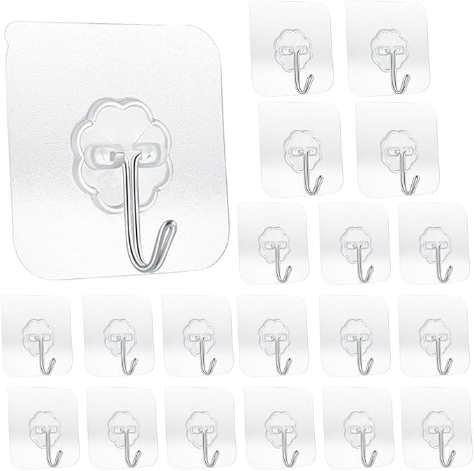 20 Pack Transparent Adhesive Hooks 33 lb(Max) 15KG Waterproof and Oilproof Reusable Seamless Hooks Heavy Duty Wall Hook for Kitchen Bathroom Office