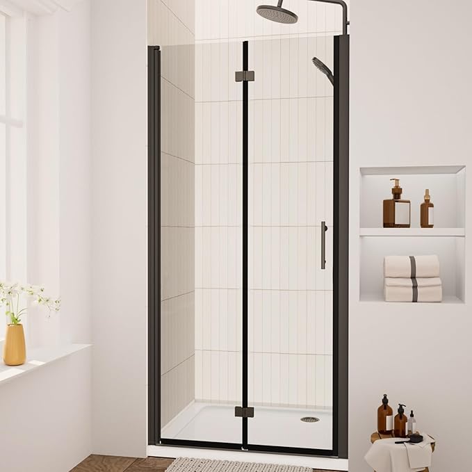Bifold Shower Door, Royal Guard 36" W X 72" H Frameless Glass Shower Door with 1/4" (6mm). Clear Tempered Shower Glass Door,Pivot Swing Shower Doors,Matte Black