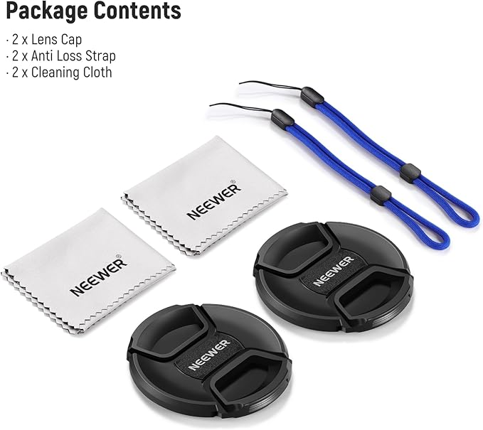 Neewer 55mm Lens Cap Kit (2 Pack), Lens Cover with Anti Loss Strap and Cleaning Cloth, Compatible with Canon Nikon Sony Fujifilm Panasonic Camera Lens of 55mm Diameter
