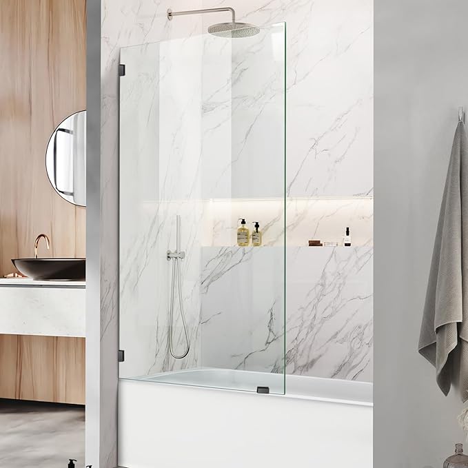 34" W x 58" H Frameless Single Fixed Bath Panel, Fixed Bathtub Screen with Clamps, 1/4" Clear Glass, Bathroom Shower Door Screen Fixed Tub Shower Glass Door Panel in Matte Black