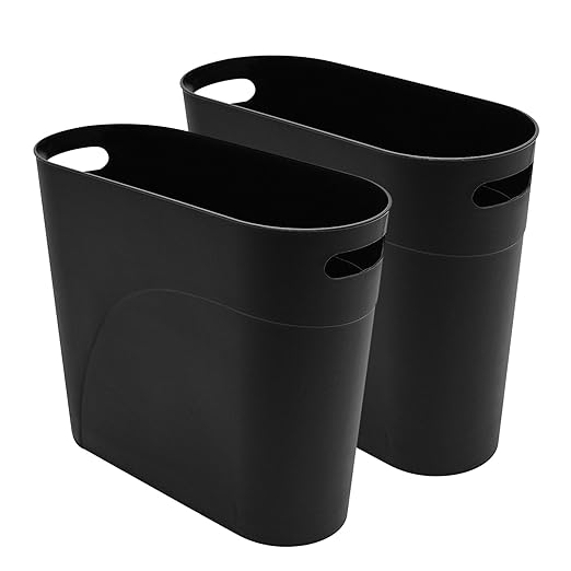 2 Pack 3.2 Gallon Plastic Trash Cans for Bathroom, Small Waste Bins with Handles, Compact Garbage Containers for Narrow Spaces, Recycle Wastebaskets for Office, Kitchen, Bedroom, Living Room (black)