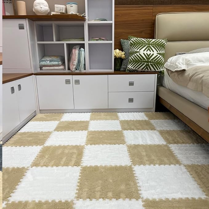 12Pcs Interlocking Carpet Tiles,12"x 12" Plush Interlocking Foam Carpet Tiles with Border,Fluffy Play Mat Floor Tiles Thick Padded Squares Foam Tiles for Playroom Decor (White+Khaki)