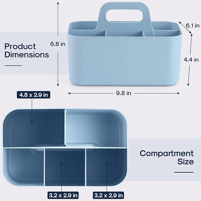 Multiuse Caddy Organizer with Handle - Stackable Plastic Tote Bin - Art Craft Supplies, Office, Desk, Stationery Pen Holder, Kitchen, Utensil, Makeup, Bathroom, Shower, Cleaning, Dorm Organizer - Blue