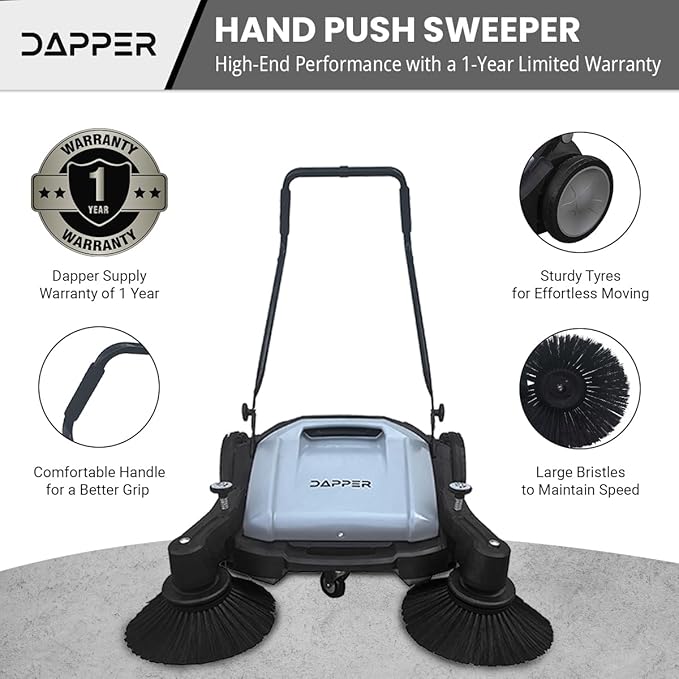 Walk-Behind Outdoor Hand Push Floor Sweeper - 10.5 Gallon Capacity - 36" Sweeping Width - Sweeps up to 39,500 ft/Hour, Grey