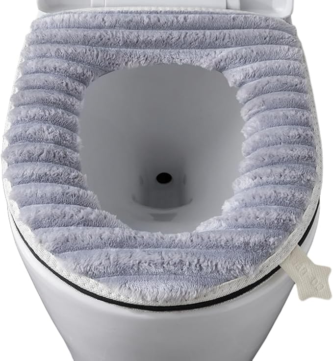 Toilet Seat Warmer Cover,Bathroom Soft Thicker Warmer with Zipper Snaps Fixed Stretchable Washable Fiber Cloth Toilet Seat Covers Pads Easy Installation& Cleaning (Gray)