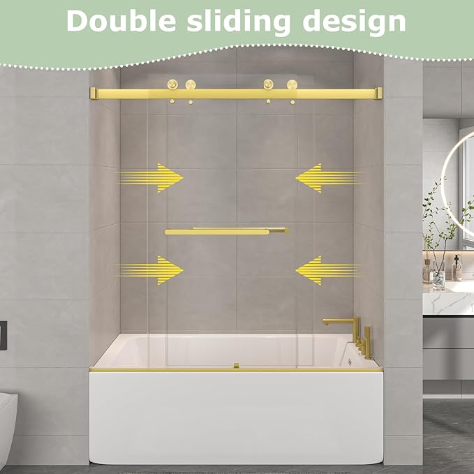 55"-60" W x 60" H Frameless Bathtub Shower Door, Double Sliding Shower Door,5/16"(8mm) Clear Tempered Glass,Easy Sliding Tub Shower Door with Explosion-Proof Film (Brushed Gold 60" Wx60 H)