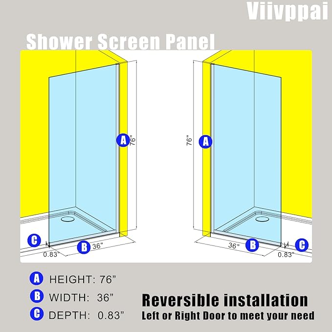 Shower Screen 36" x 76" Half Frameless Shower Wall Panel, Tempered Glass 3/8 inch, Easy to clean Coating, Fixed Glass Shower Door with Hardware (Brushed Gold)