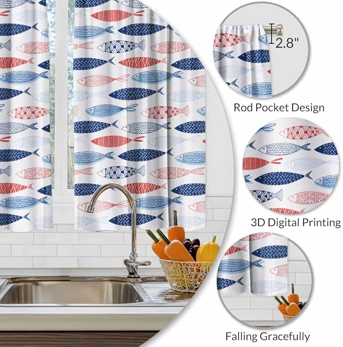 Fish Kitchen Curtains Abstract Colored Fashion Blue Red Pink Striped Wildlife Short Tier Curtains for Bathroom Cafe Small Window Drapes Treatment 2 Panels (27.5x39 Inch)