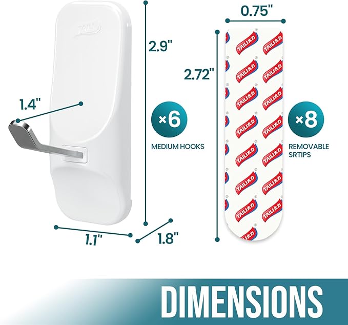 TAILI Hooks for Hanging,6 Wire Sticky Hooks and 8 Adhesive Strips, White Utility Hooks for Painted Wall, No Damage Heavy Duty Holds up to 3 lb, Removable & Reusable for Door, Dorm, Clothes, Kitchen